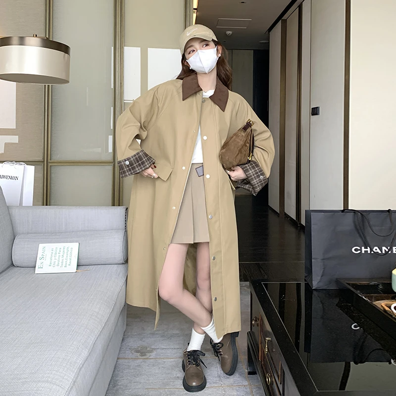 卡其色工装风衣外套女春秋中长款2024年新款格子拼接宽松休闲大衣
