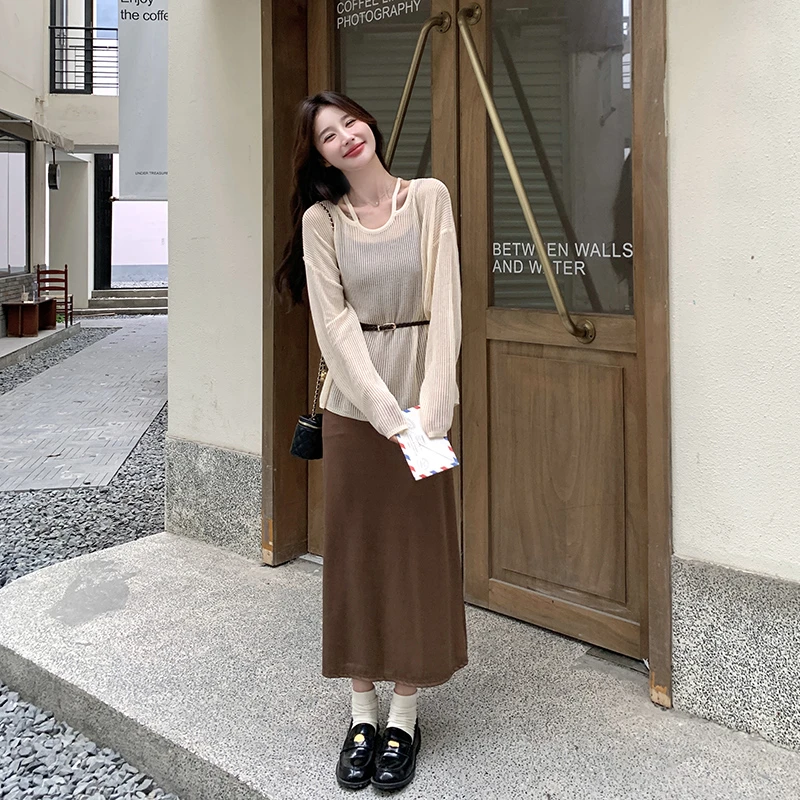 韩系慵懒风针织镂空罩衫套装女2024秋季新款设计感显瘦吊带连衣裙