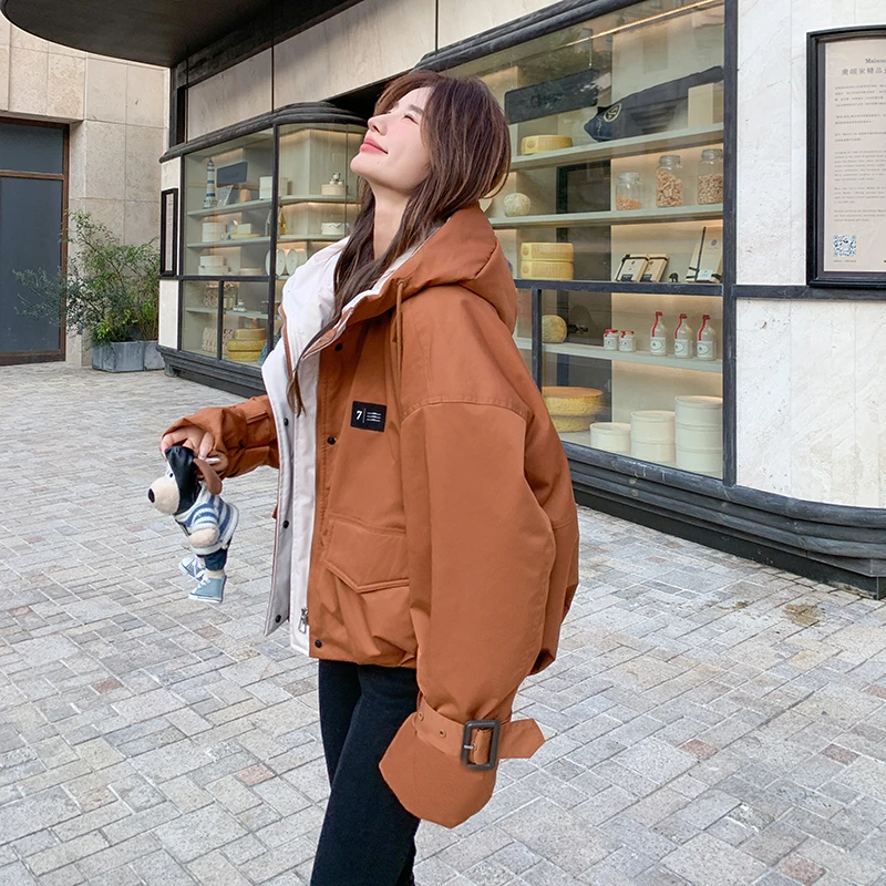 连帽短款工装棉服女2024冬季新款小个子超好看宽松加厚派克服外套