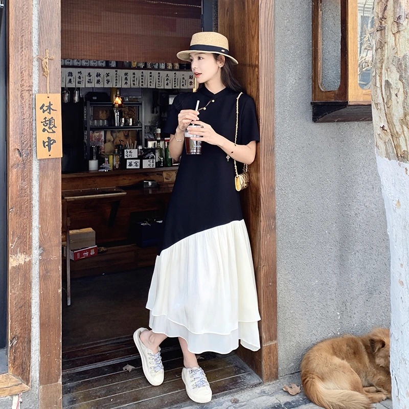 新中式拼接连衣裙女中长款2024夏季新款国风气质设计感小众a字裙