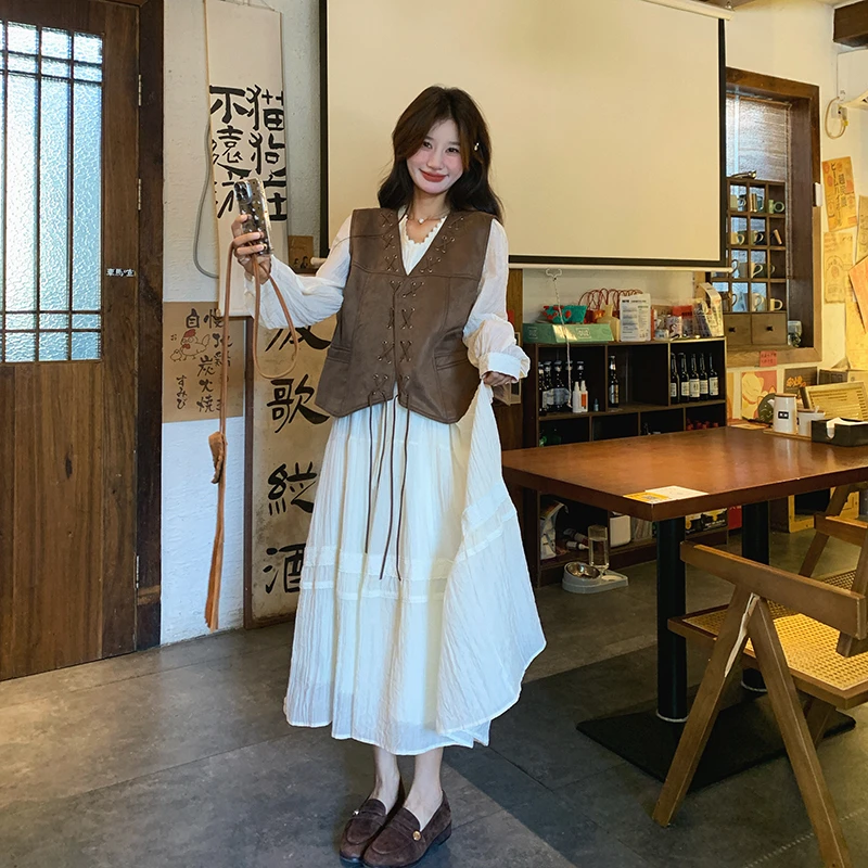 韩系美拉德风马甲套装女2025秋季新款V领高腰宽松连衣裙子两件套