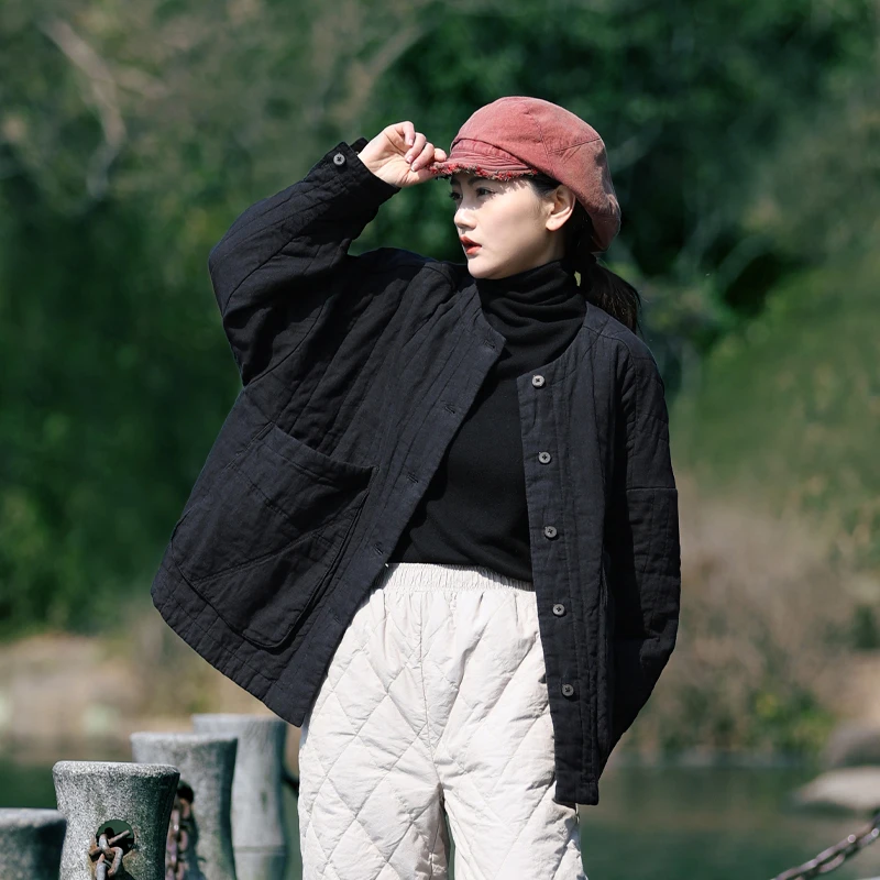 古石后原创布衣黑色亚麻宽松棉服时尚开衫薄棉袄棉衣秋冬外套女款