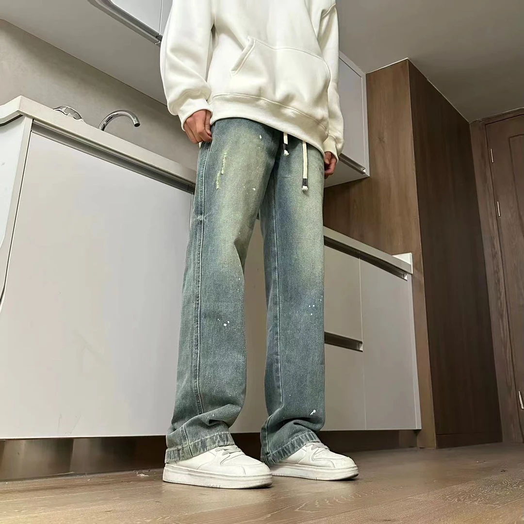 【FMWH】泼墨牛仔裤男款秋冬美式复古直筒裤潮流宽松百搭休闲长裤男