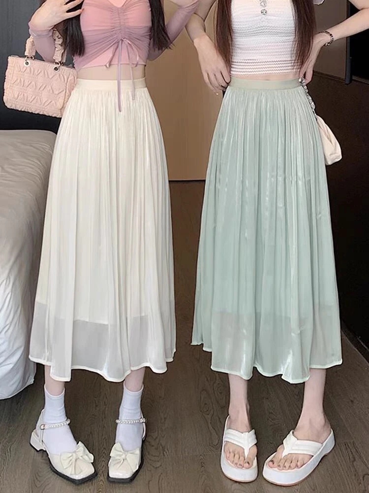 高级感流光纱裙半身裙女珠光小个子高腰显瘦A字中长款百褶裙夏季