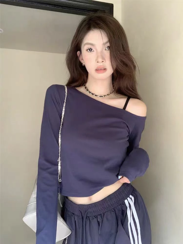 2024年早秋新款辣妹修身显瘦短款打底衫上衣设计感斜肩长袖T恤女