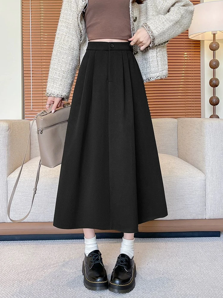 送皮带毛呢半身裙女秋冬款2025新款高腰伞裙黑色长款a字冬季裙子
