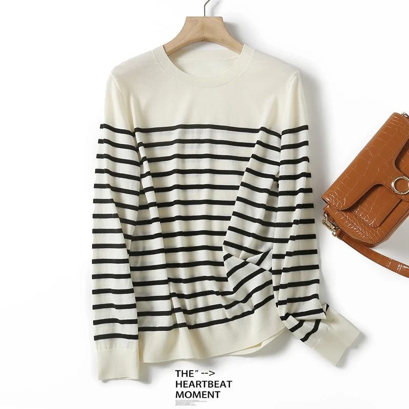 【精纺扬子纱】数兰朵 时尚黑白条纹圆领针织长袖女全羊毛打底衫