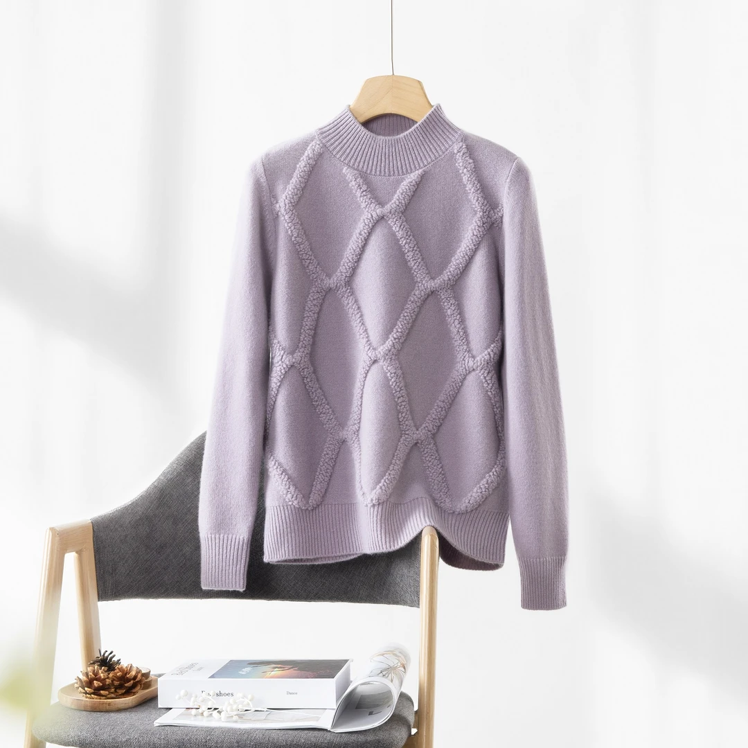 【双股羊毛】数兰朵100%纯羊毛厚款毛巾绣 纯色菱形格半高领打底