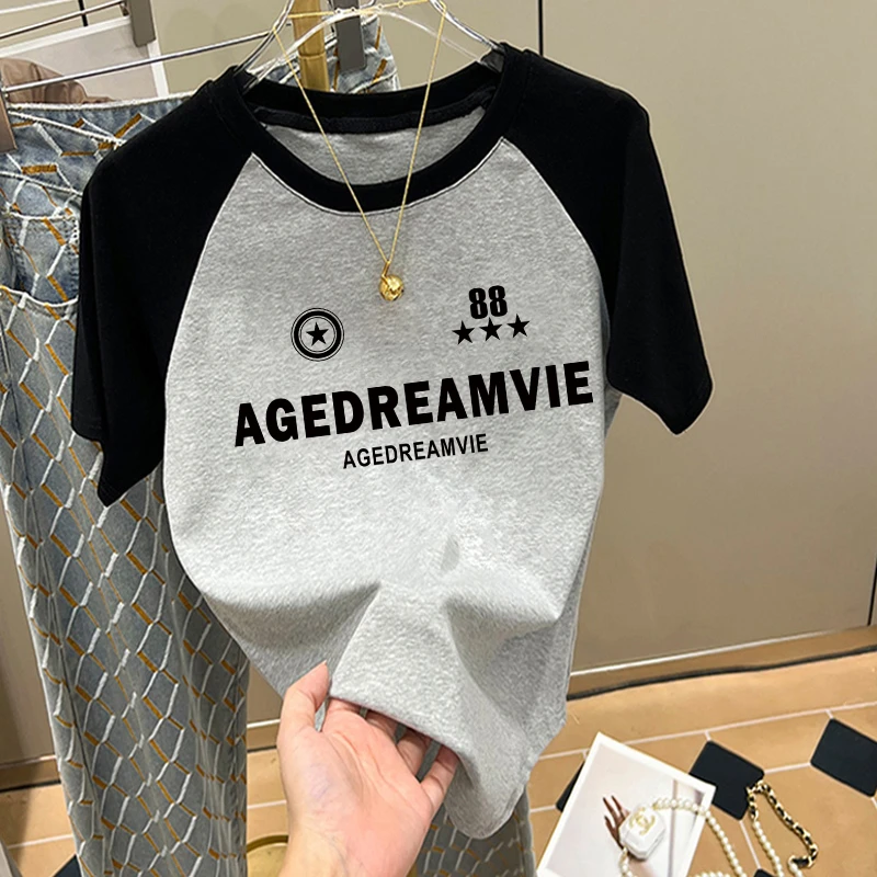 清仓 纯棉短袖t恤女2024夏季新款宽松减龄港风上衣拼接体恤ins潮