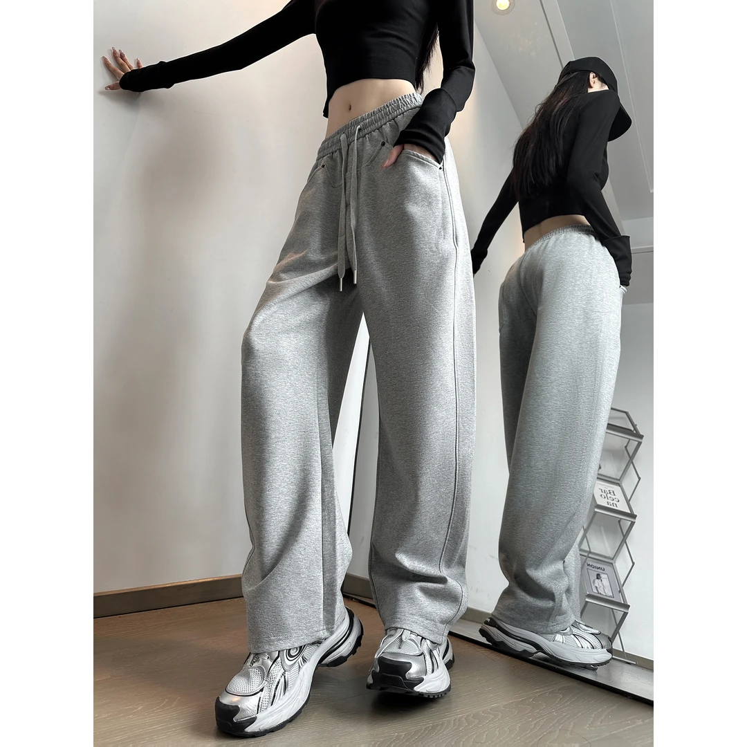 动感少女 美式秋季镰裤女小个子裤新款米白色高腰休闲直筒阔腿裤