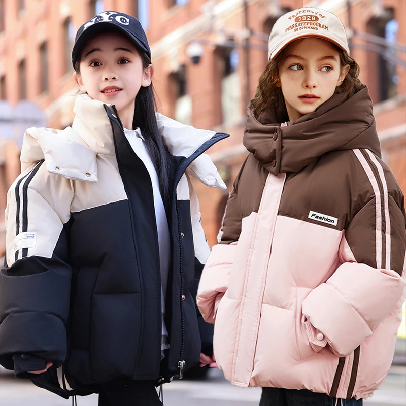 冬季羽绒服连帽短款大码亲子装面包服拼色小个子学生休闲加厚外套