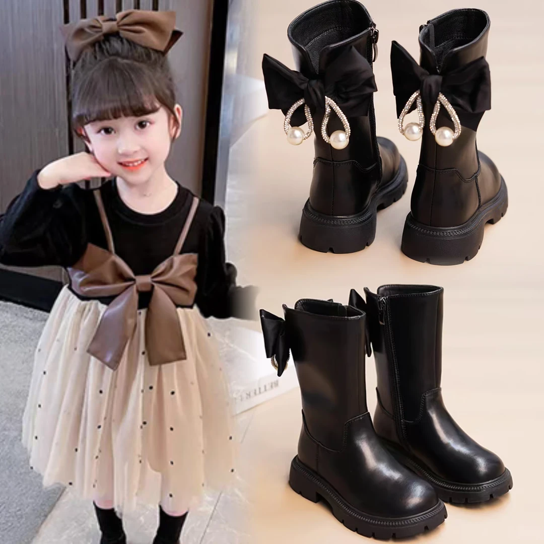 2024年新款秋冬季洋气水钻长筒靴小女孩时尚软底加绒中筒靴N73