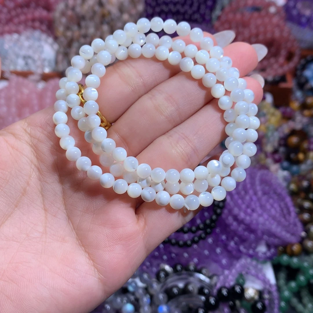 水晶手链未镶嵌高货白贝母三圈卡5mm