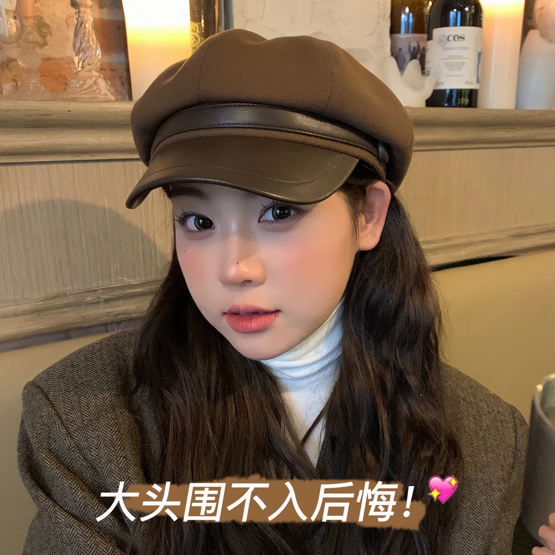 日系2023新款毛呢鸭舌报童帽大头围云朵八角帽PU皮质帽子画家帽女