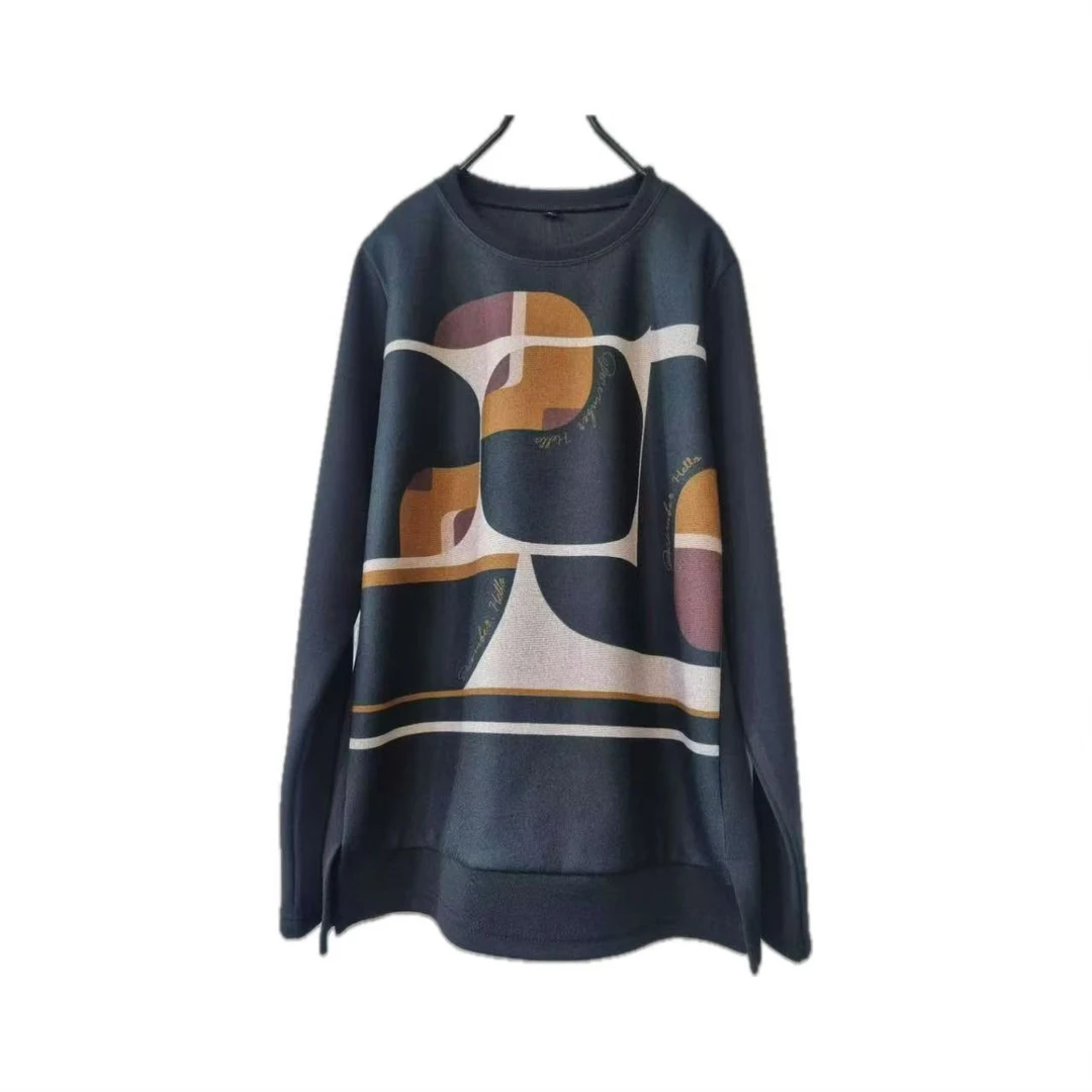 【xineba3】韩国绒面艺术纹圆领长袖衫新款女士时尚洋气舒适百搭