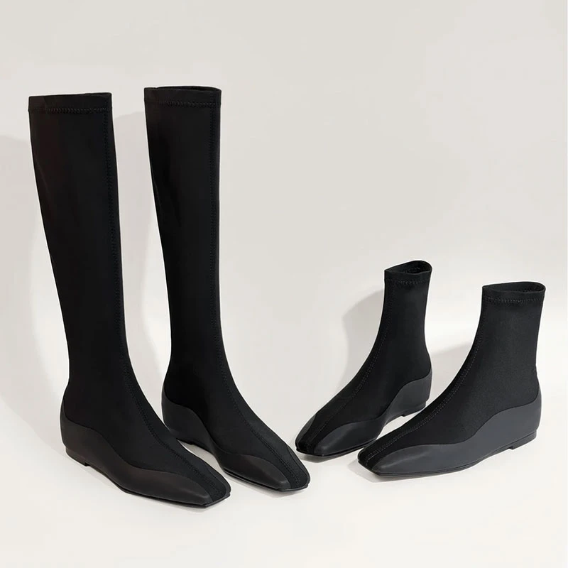 内增高（跟高1cm）2024秋冬新款极简方头弹力高筒平底瘦瘦靴