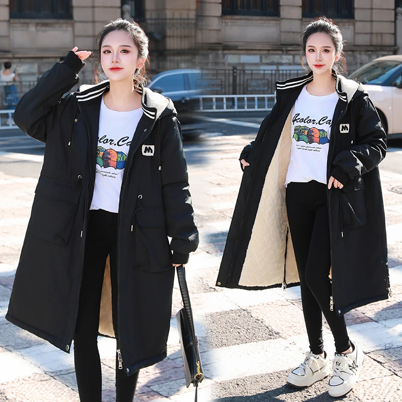 冬季大码减龄加绒加厚棉衣宽松显瘦韩版200斤中长款连帽棉服外套