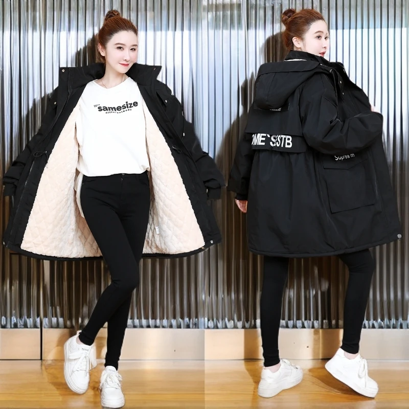 冬装大码加绒加厚保暖中长款棉服女200斤胖MM羊羔绒宽松棉衣外套