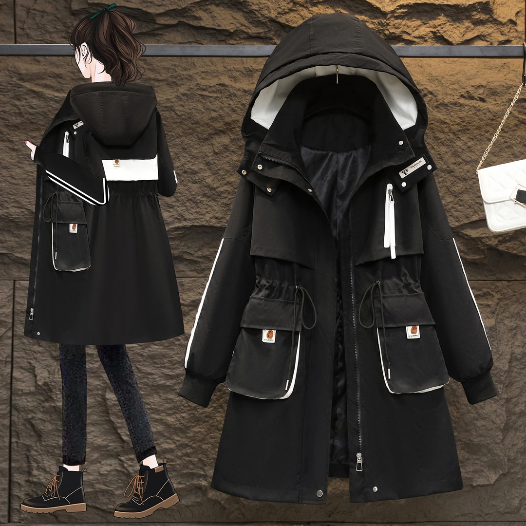 大码时尚撞色工装外套女春秋收腰显瘦风衣230斤胖MM大码减龄大衣