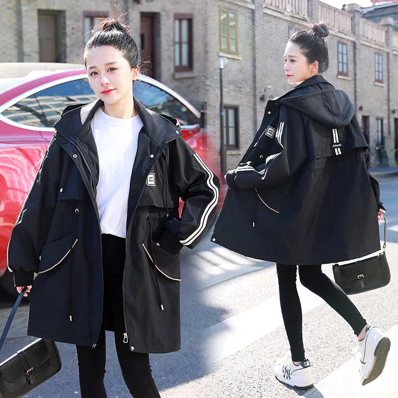 春秋大码女装胖MM工装外套中长款连帽风衣休闲时尚宽松显瘦风衣女