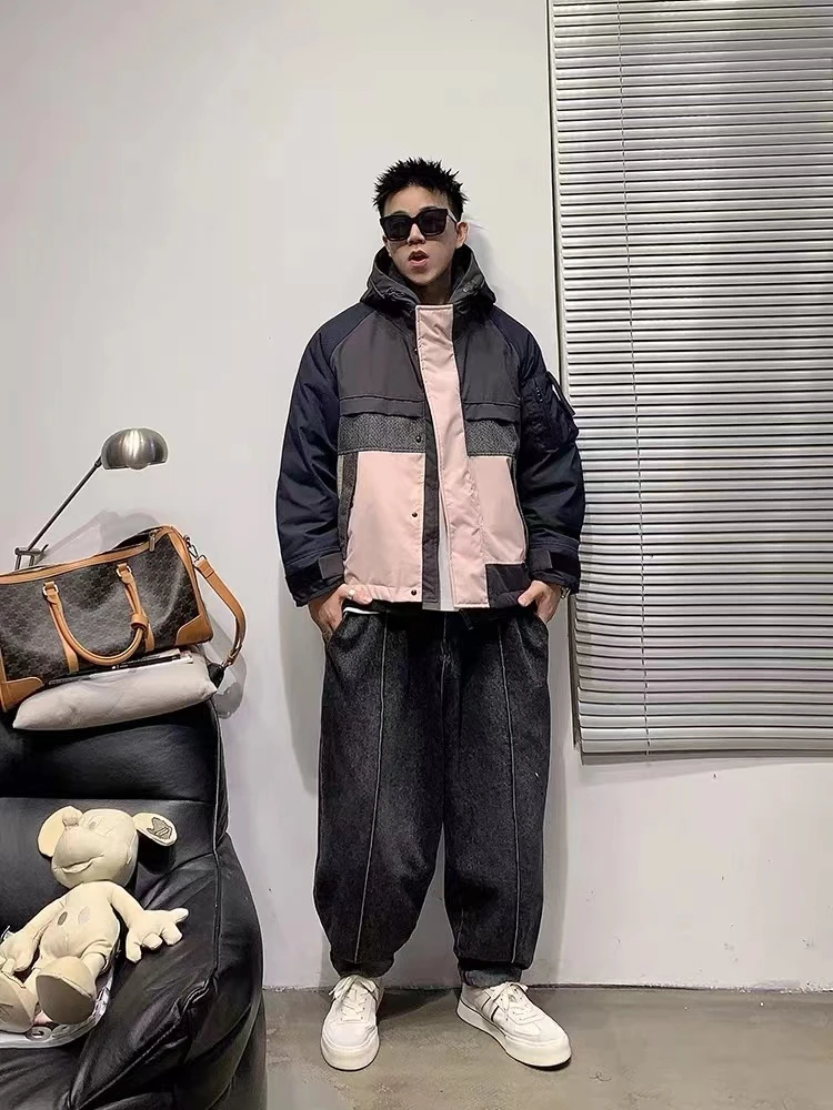 1528时尚休闲连帽拼接撞色男款户外潮流防风冬季90白鸭绒羽绒服