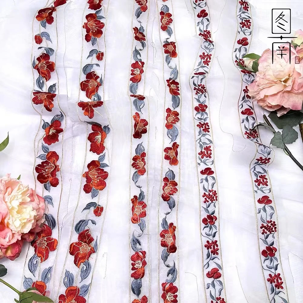 原创蕾丝山茶花边辅料绣花重工刺绣汉服袖领口欧根纱窗帘边条diy