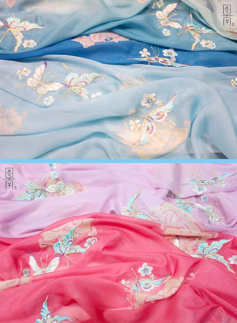 图南团花蝴蝶古风国风汉服重工刺绣布料大袖衫马面裙设计面料diy