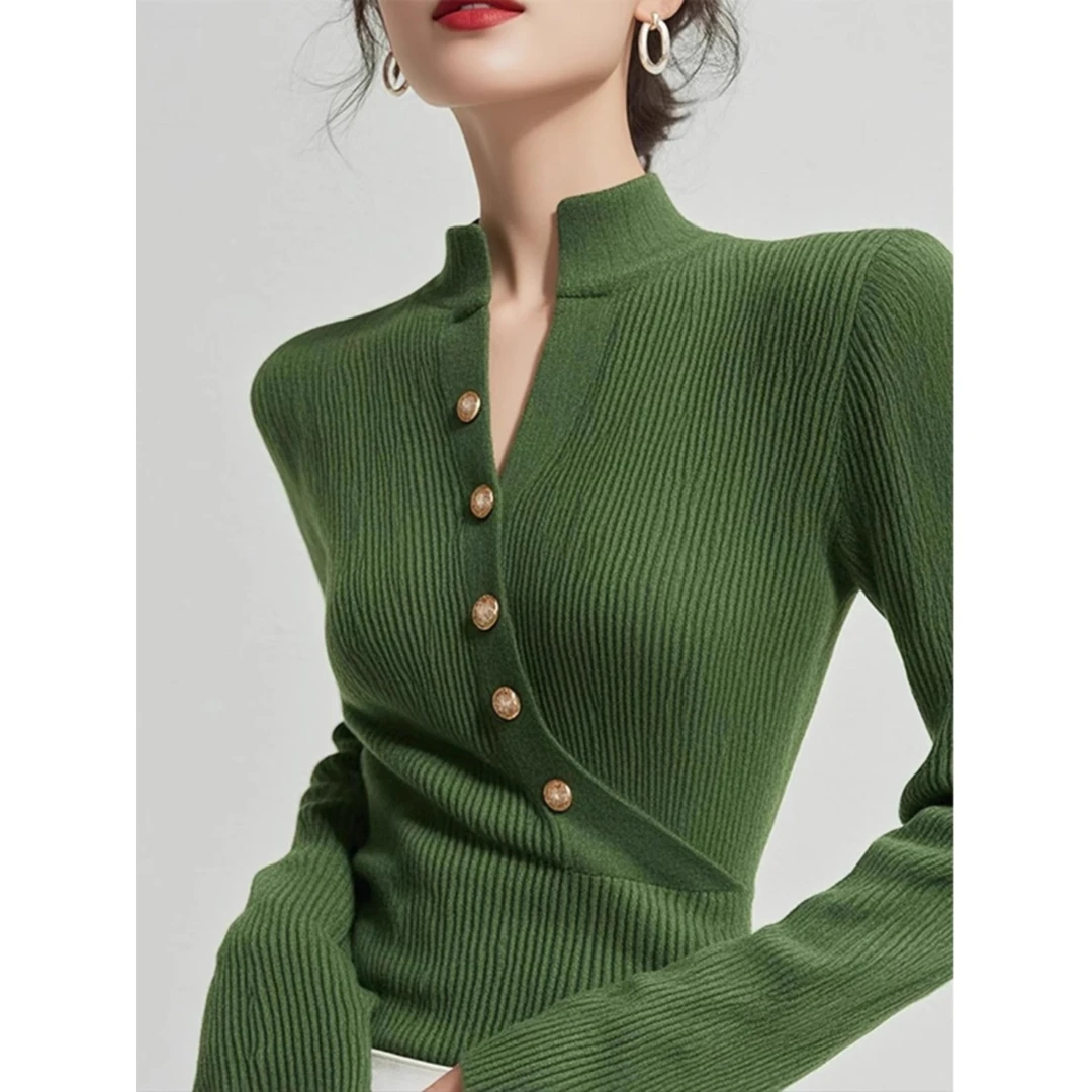 2024年高级感秋装新款绿色针织衫女设计感小众美拉德复古立领毛衣