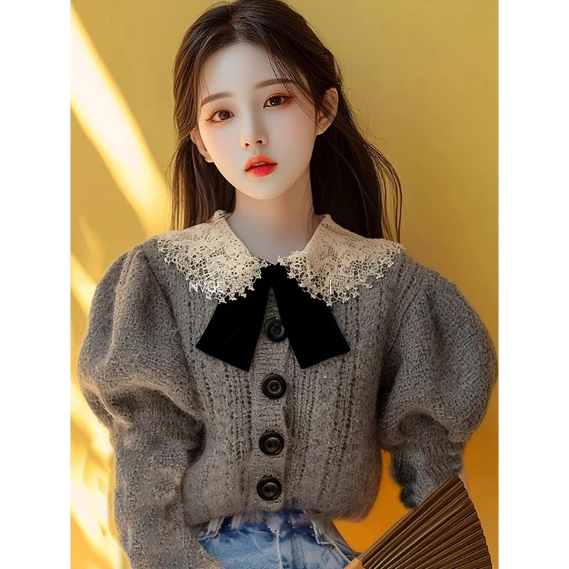 韩系别致独特超好看上衣灰色蝴蝶结秋季高级感针织毛衣女2024新款