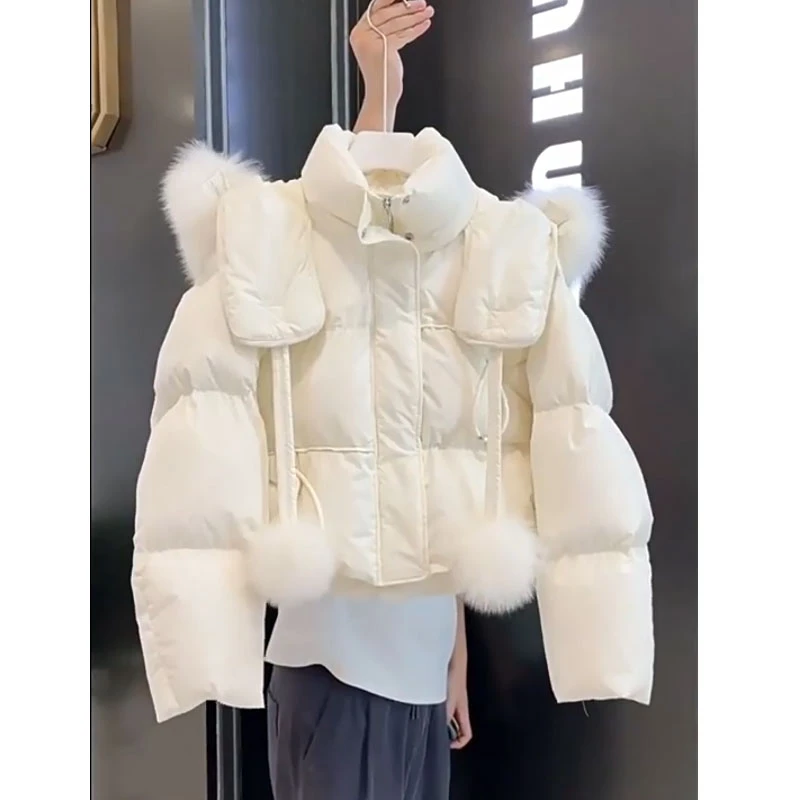 网红白色短款连帽女冬季羽绒服2024年新款时尚加厚毛领保暖外套