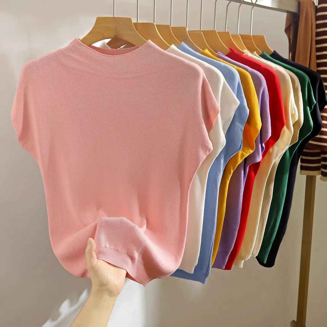 短袖针织衫女2024年夏季新款无袖冰丝打底衫上衣潮显瘦洋气百搭