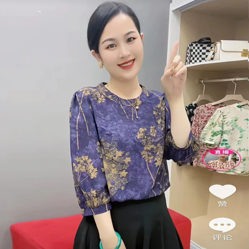 时尚七分袖上衣女百搭春夏季宽松显瘦气质小衫印花圆领妈妈装衬衫