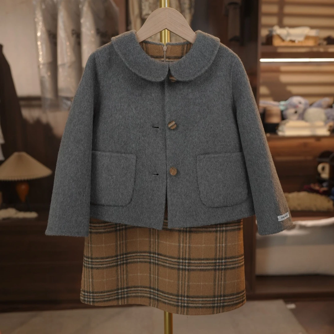 泡芙定制 2024冬款纯手工双面绵羊毛女童背心羊毛呢大衣 DY240947