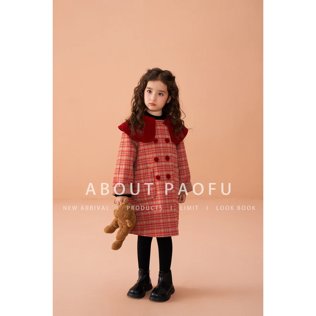 DY240107 儿童长款洋气冬季红色双面绵羊毛格子大衣 格纹中大童