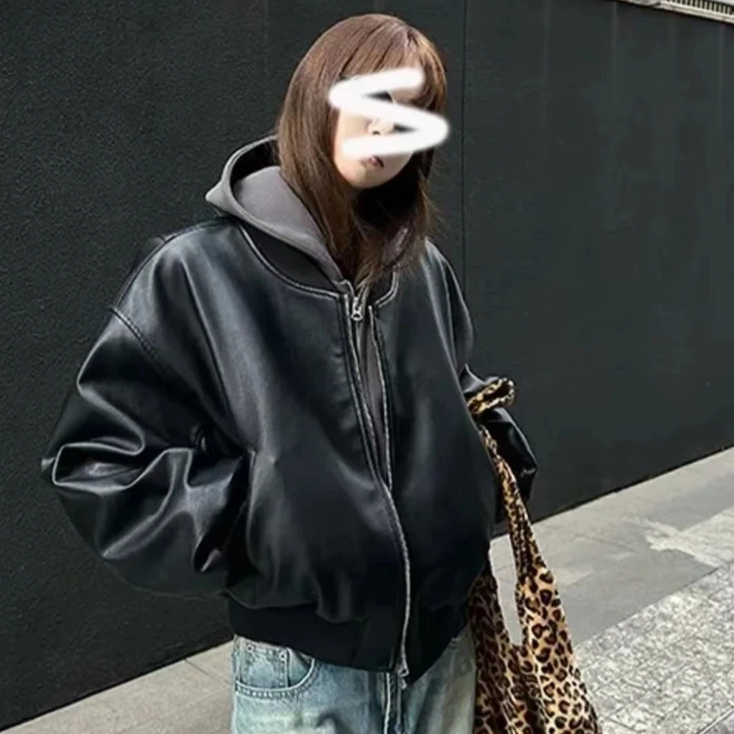 秋冬款夹棉加厚皮衣外套女短款美式宽松街头酷辣防风机车夹克上衣