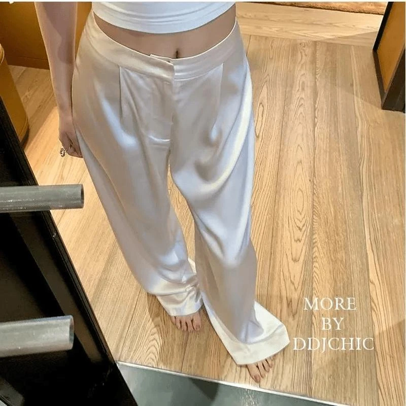 直筒休闲裤醋酸缎面夏季薄款大码胖垂感高腰百搭气质拖地阔腿裤