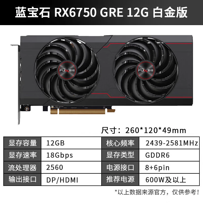 RADEON 蓝宝石RX 6750 GRE 12G白金版  电竞游戏高性能设计显卡