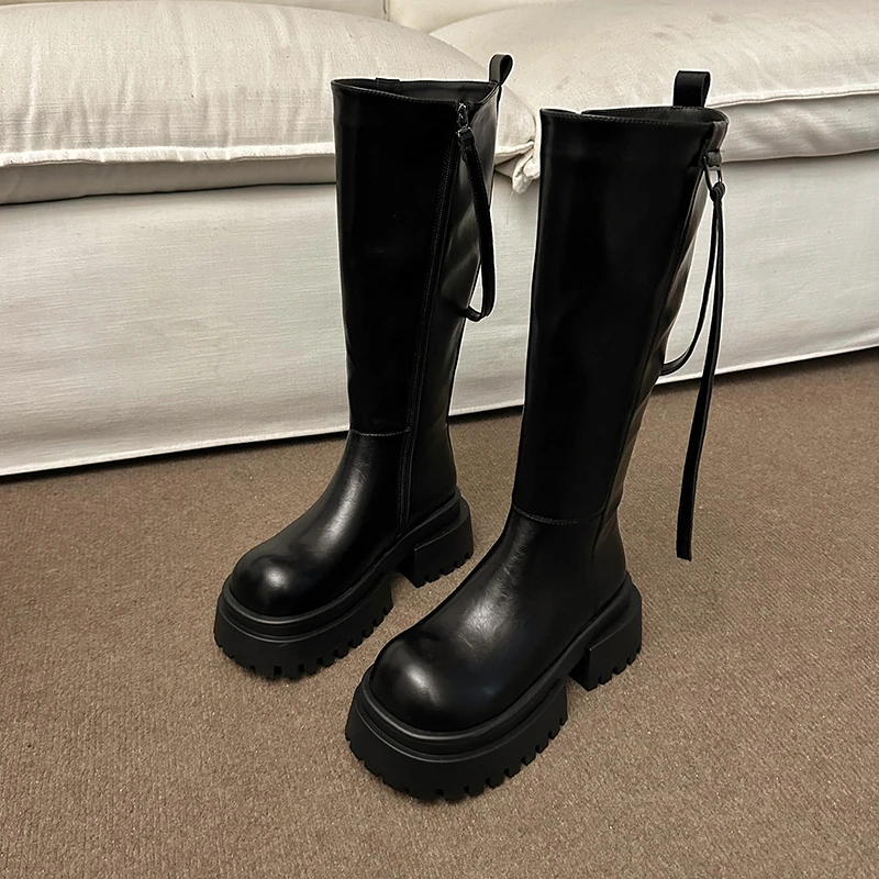 加绒马丁靴走秀款大头机车靴不过膝靴长筒靴厚底松糕小个子骑士靴