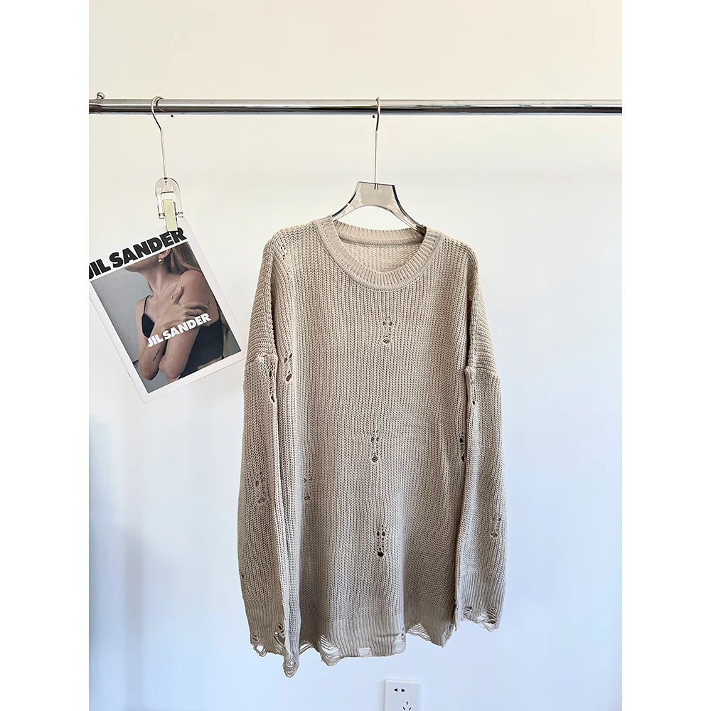 【佳文家】1822毛针织衫长袖针织衫休闲百搭圆领秋冬破洞简约上衣