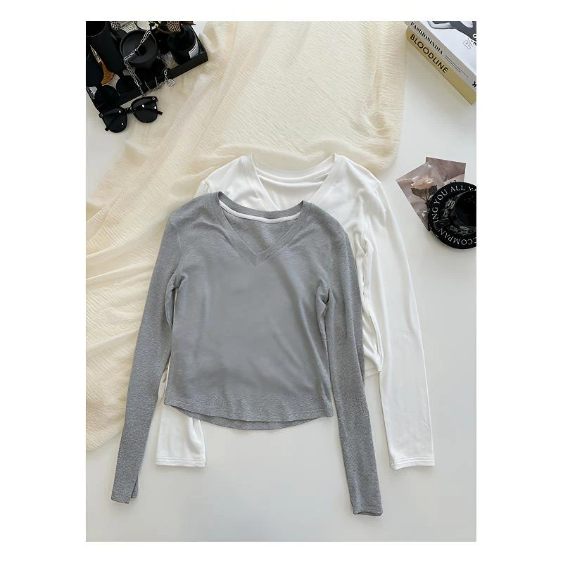 【佳文定制】1434长袖上衣T恤休闲百搭时尚修身V领时装透气时尚