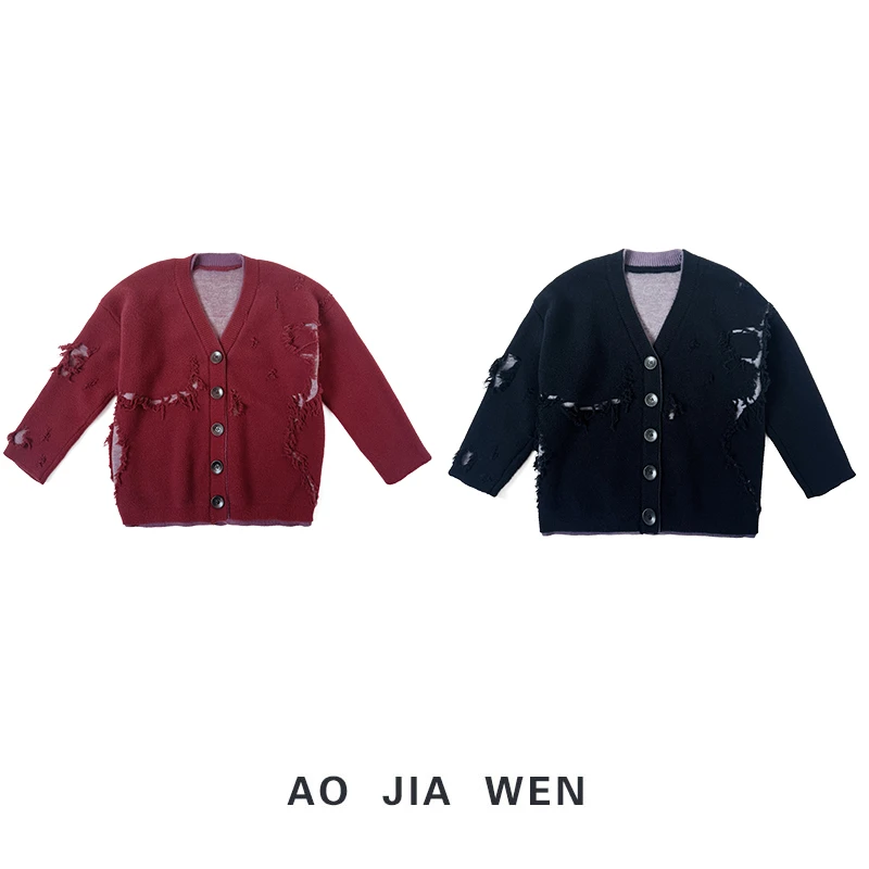 【佳文定制】开衫长袖休闲百搭简约破洞流苏宽松外套上衣1890