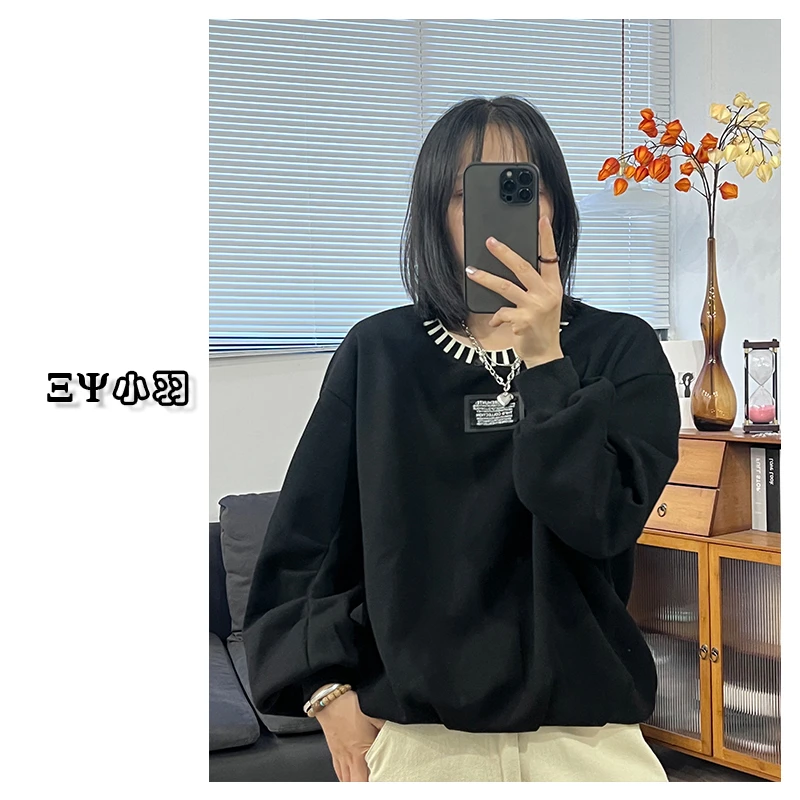 【佳文定制】休闲宽松大版领口拼接穿搭长袖ins打底衫圆领卫衣900