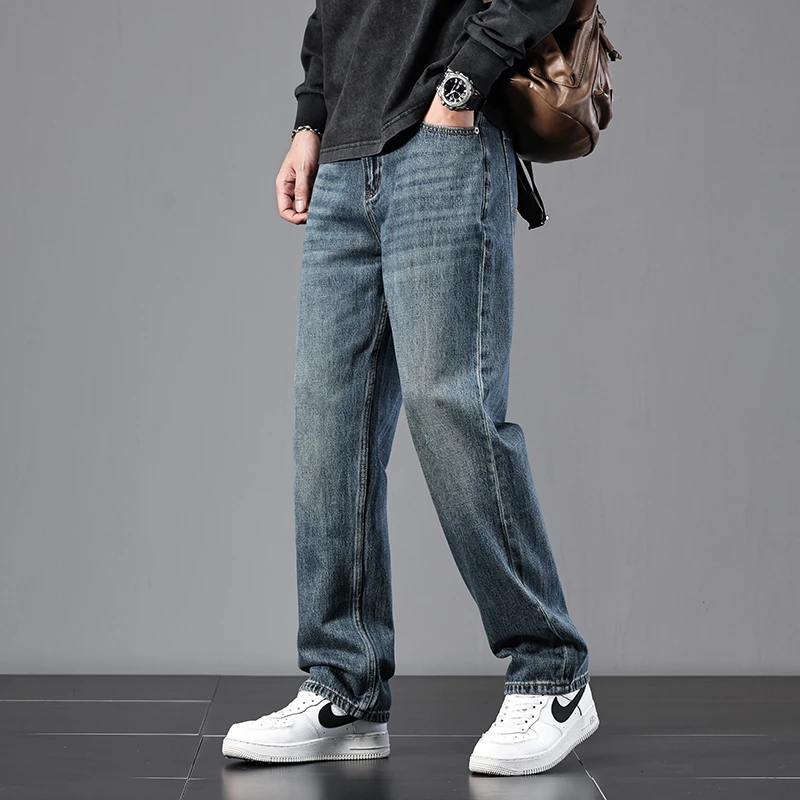 秋冬新款宽松牛仔裤男中腰宽松直筒牛仔蓝休闲百搭轻奢高档男裤子