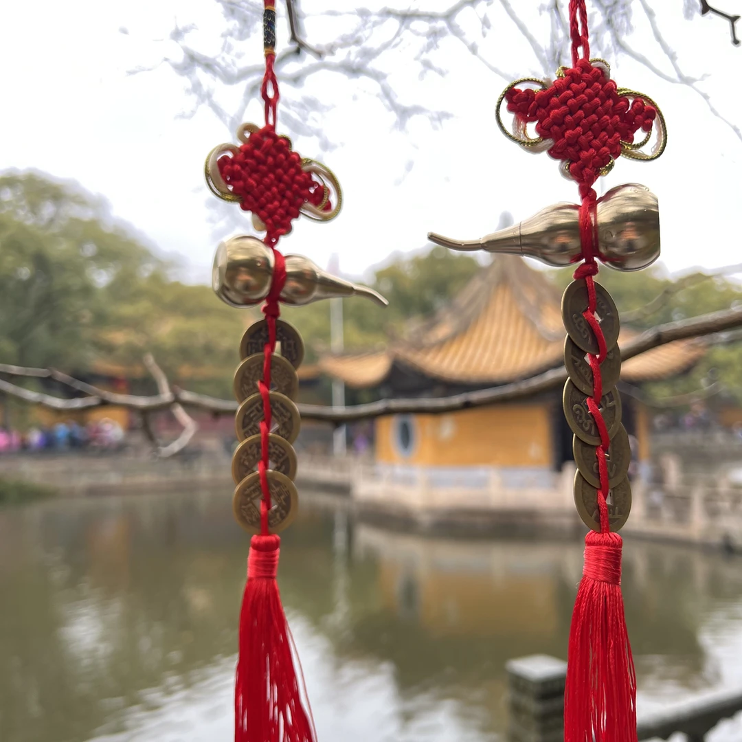 【普陀山】金边中国结铜葫芦五帝钱挂件一对抖音秦基伟流苏黄铜