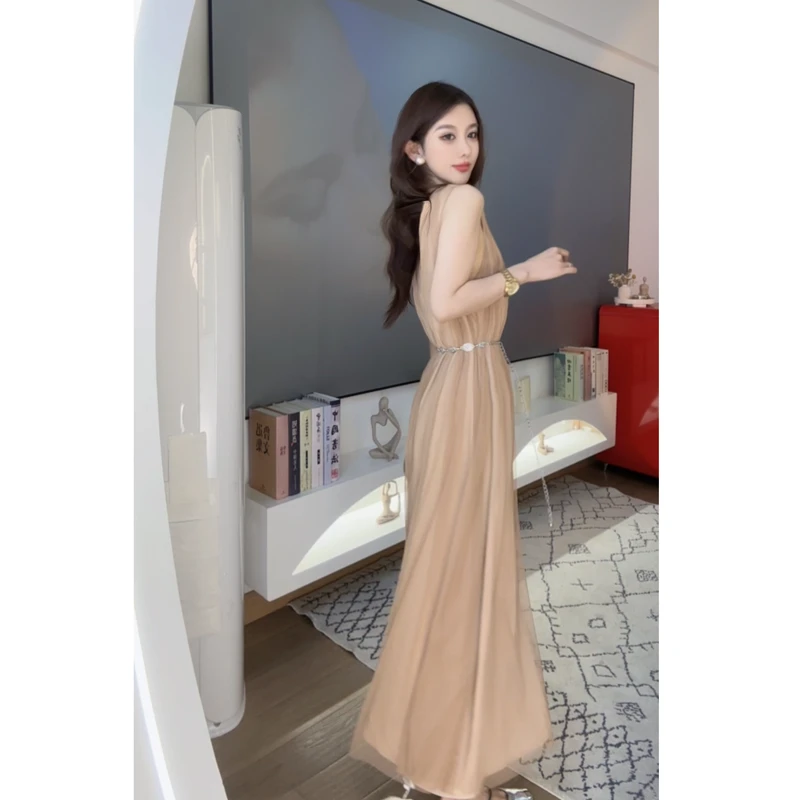 【老板娘专属】流光网纱无袖连衣裙女遮肉显瘦时尚气质长款裙子6028