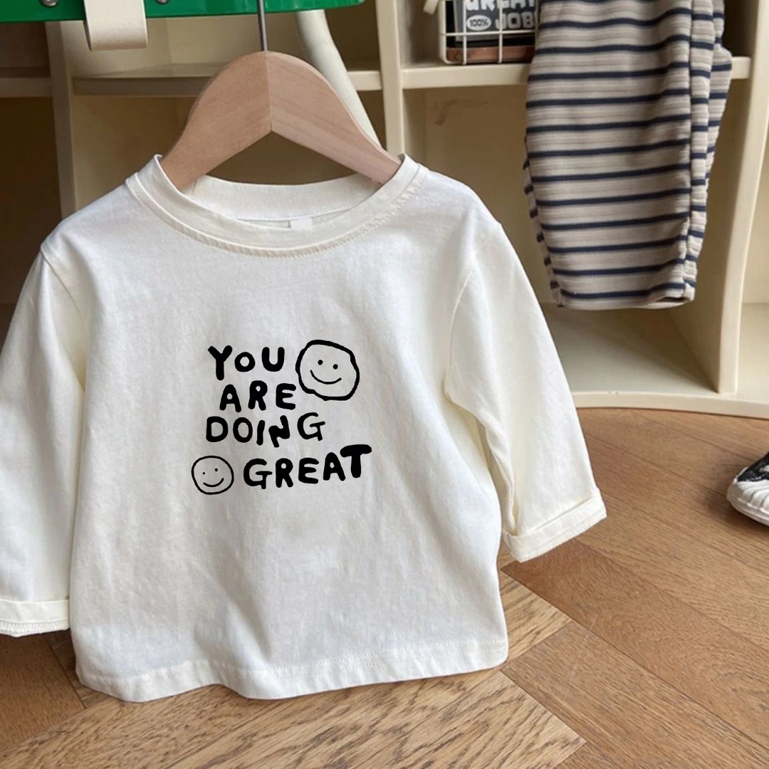 2025春秋新款100%棉儿童长袖t恤时尚白色印花上衣男女童打底衫潮T