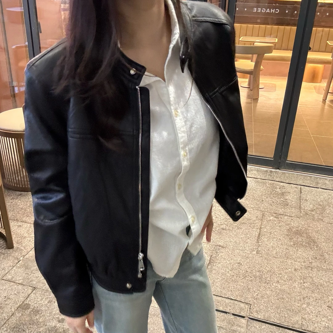 「软皮」黑色皮衣女正肩宽松版休闲酷帅机车风短外套小个子竖领外套