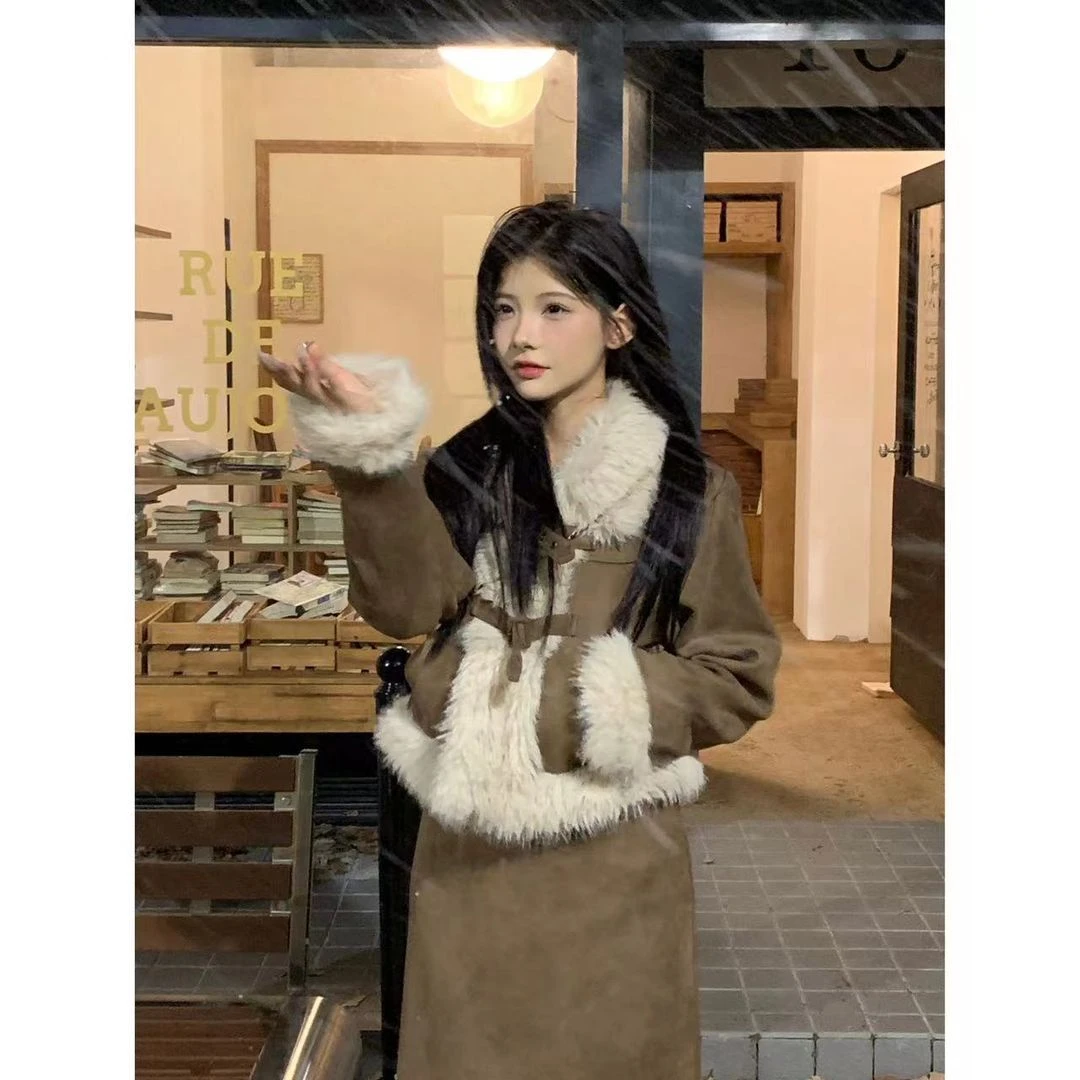 2024年套装美拉德法式女仿麂皮拼接长袖外套秋冬骑行半身裙两件套