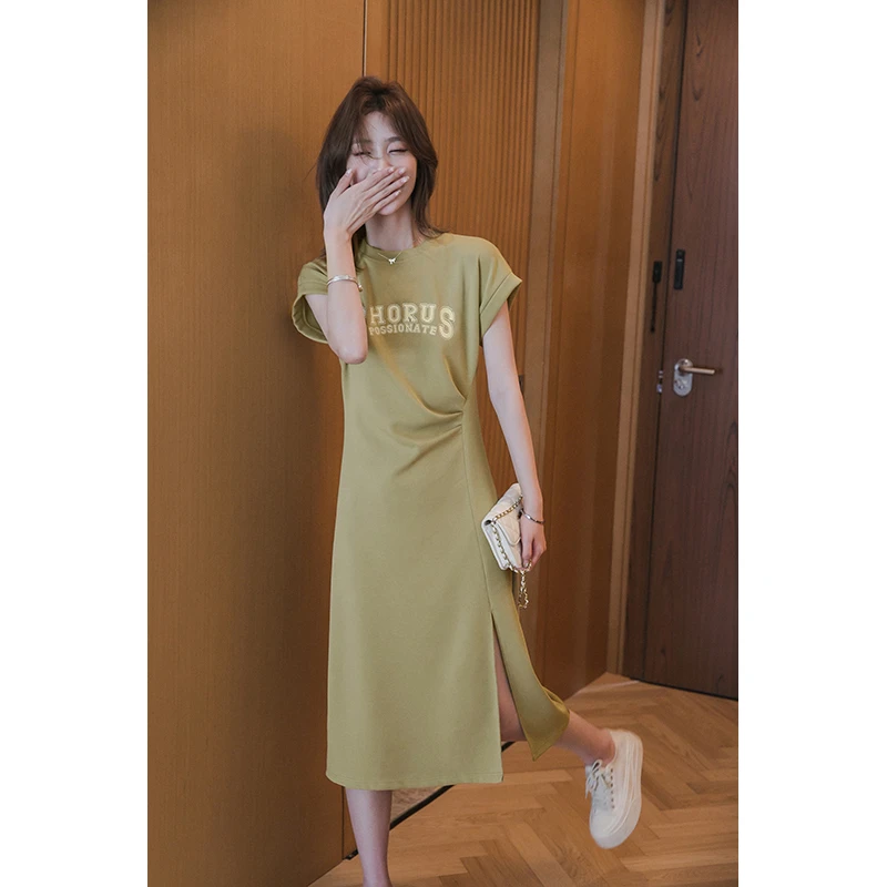 小谷粒印花连衣裙百搭时尚收腰显瘦开衩小个子裙子