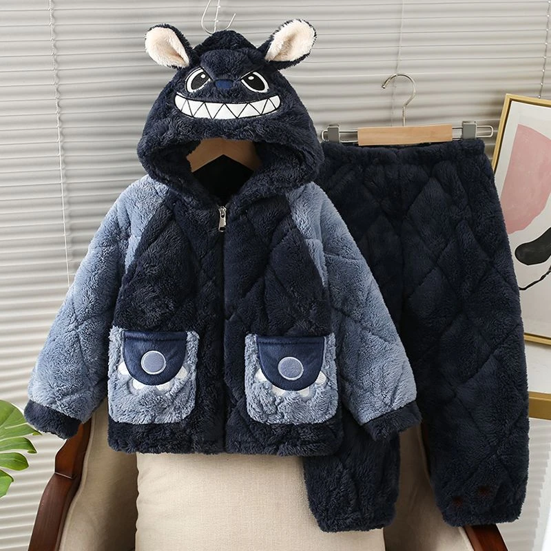 儿童睡衣男童三层夹棉连帽款冬季加厚款连帽冬天珊瑚绒保暖家居服